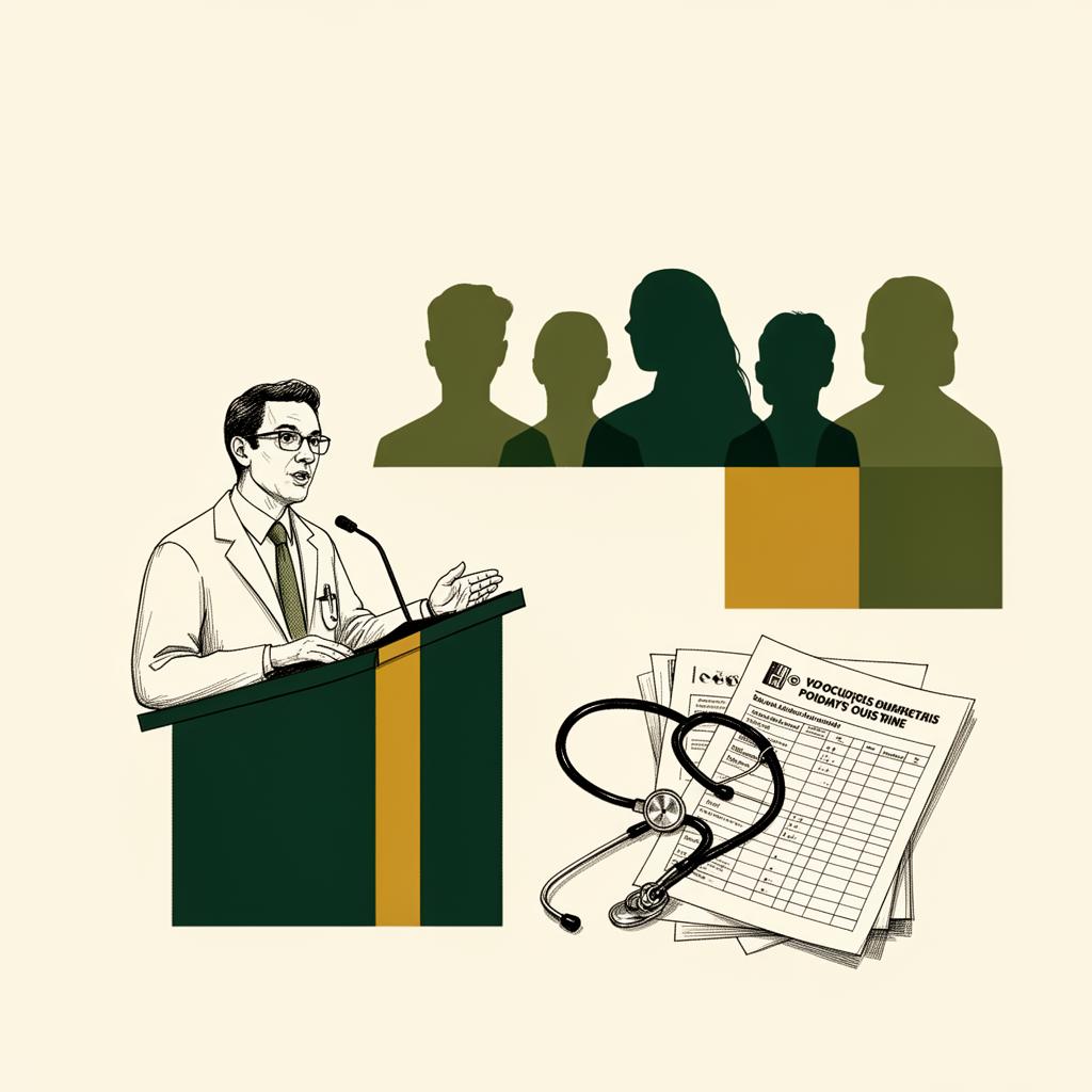 Editorial illustration of an expert addressing a panel