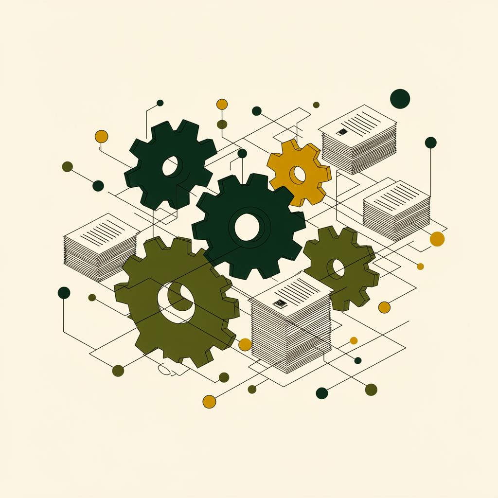 Editorial illustration of structured workflows: gears, documents and connections